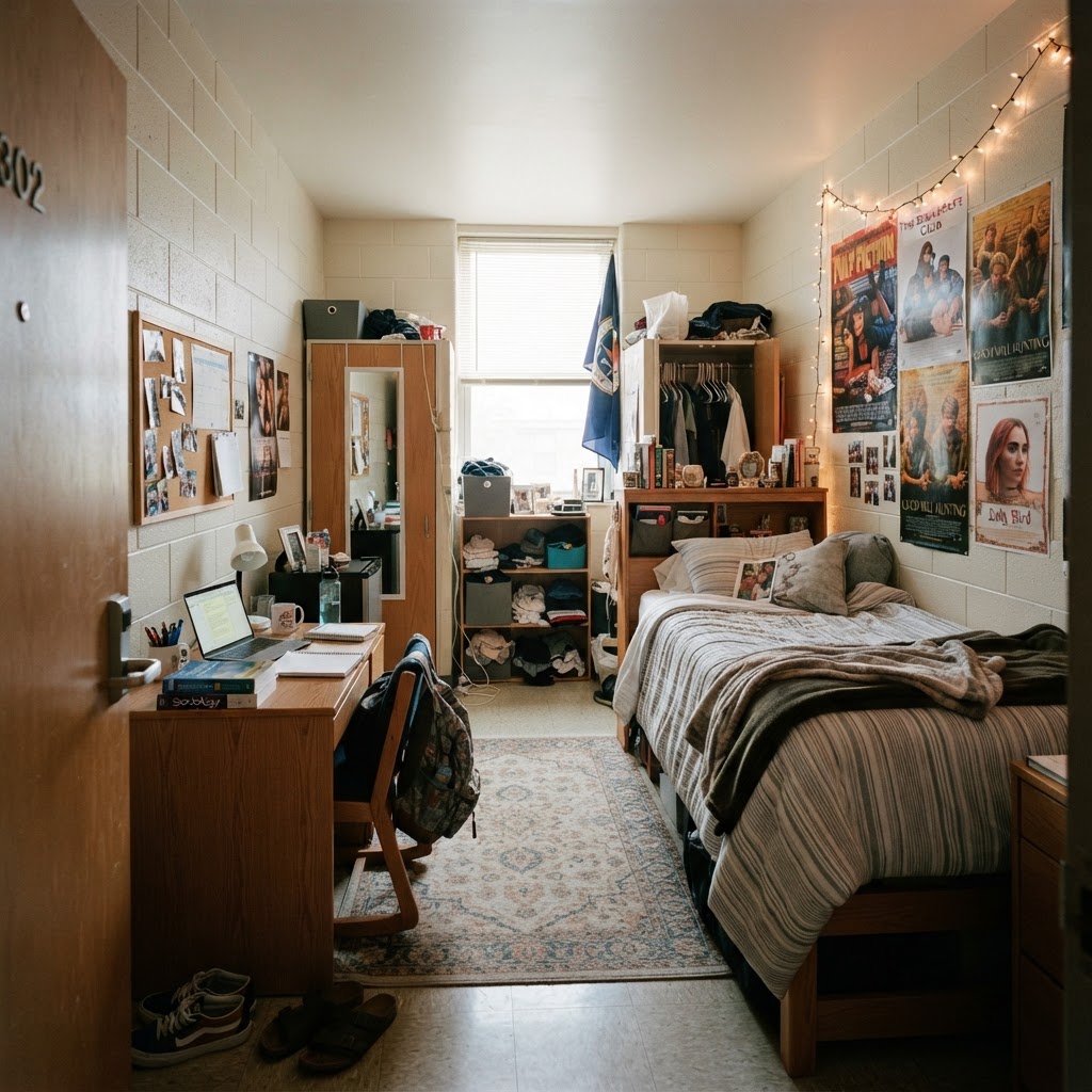 Typical American college dormitory room with a made bed, desk, and string lights