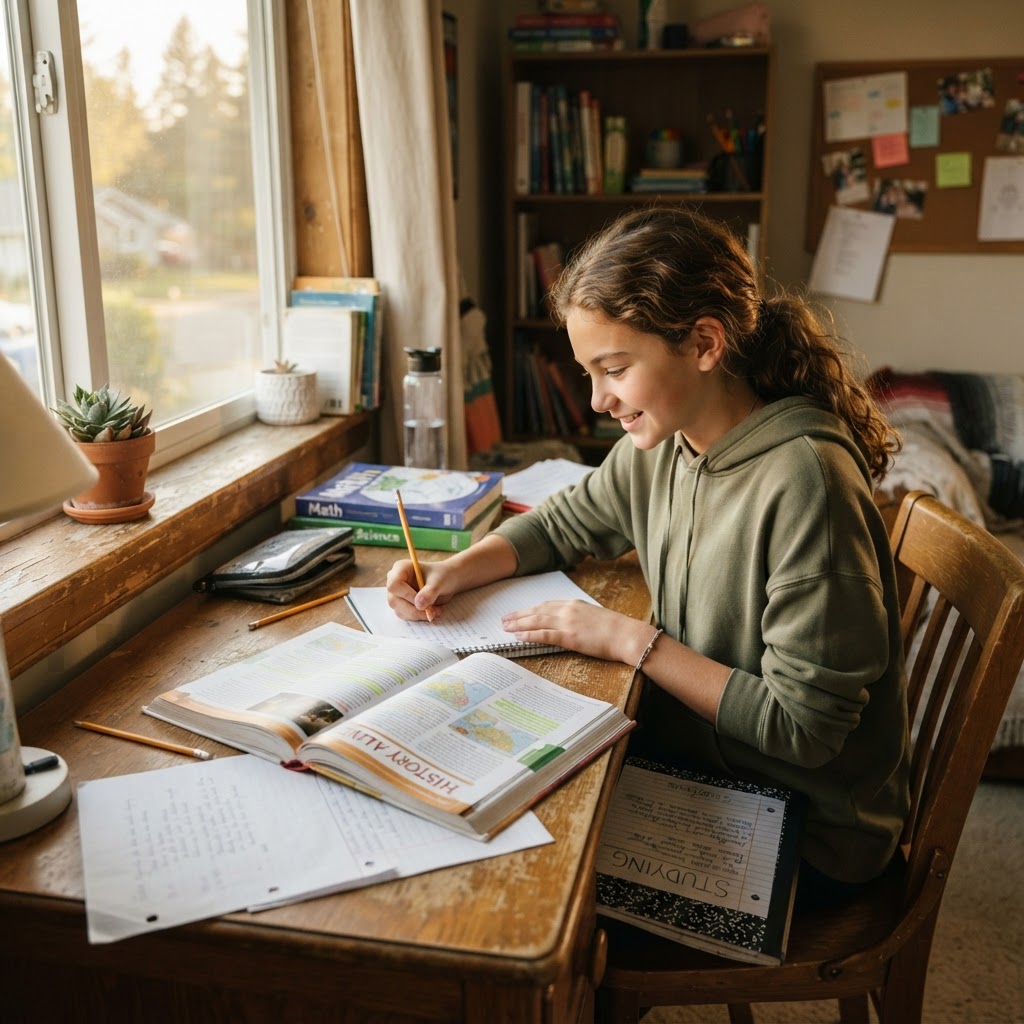 Middle school student studying at home with textbooks