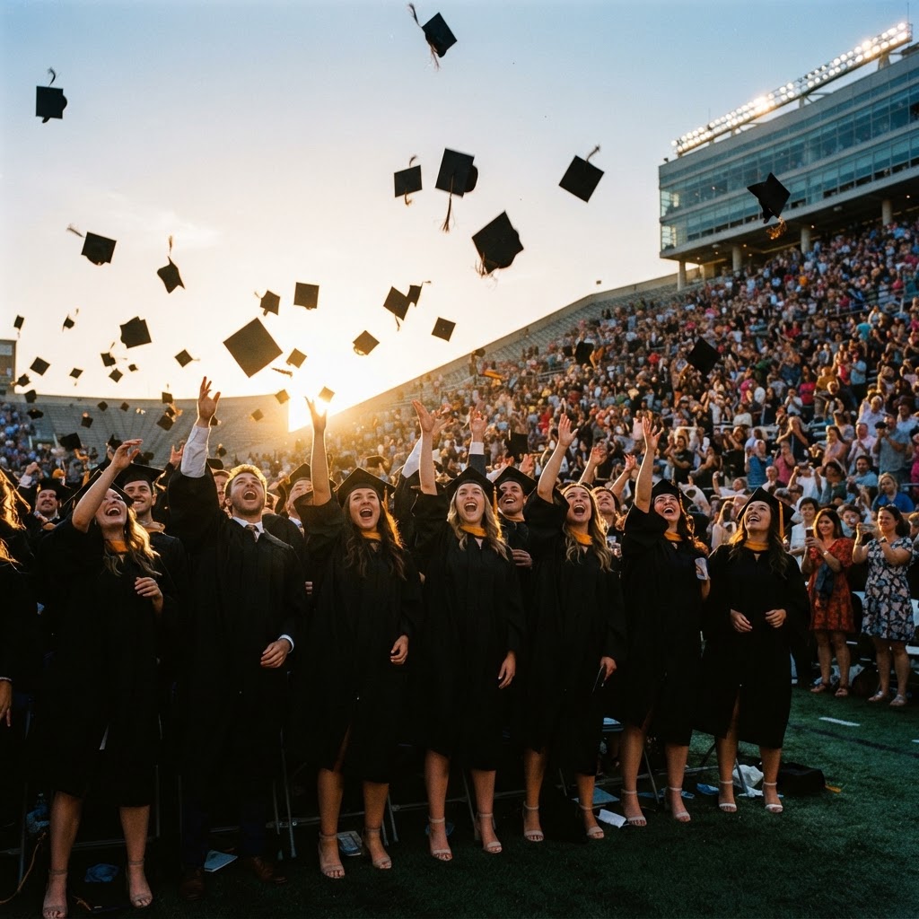 University graduation ceremony with graduates tossing mortarboards into the air