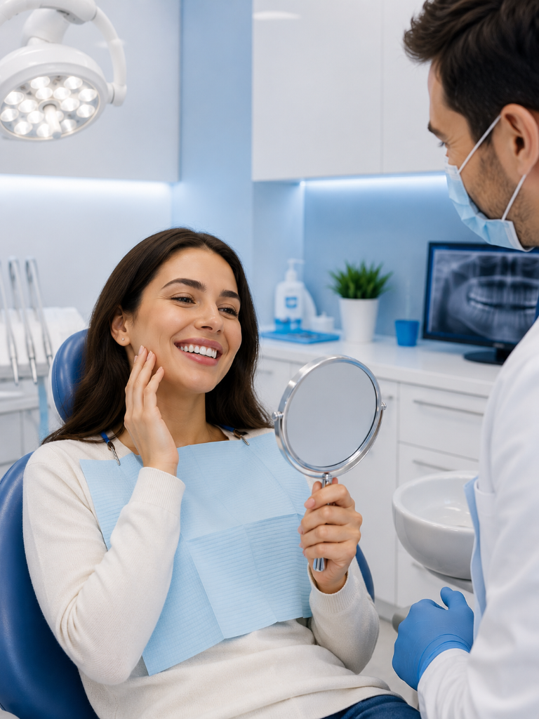 Happy dental patient smiling at mirror