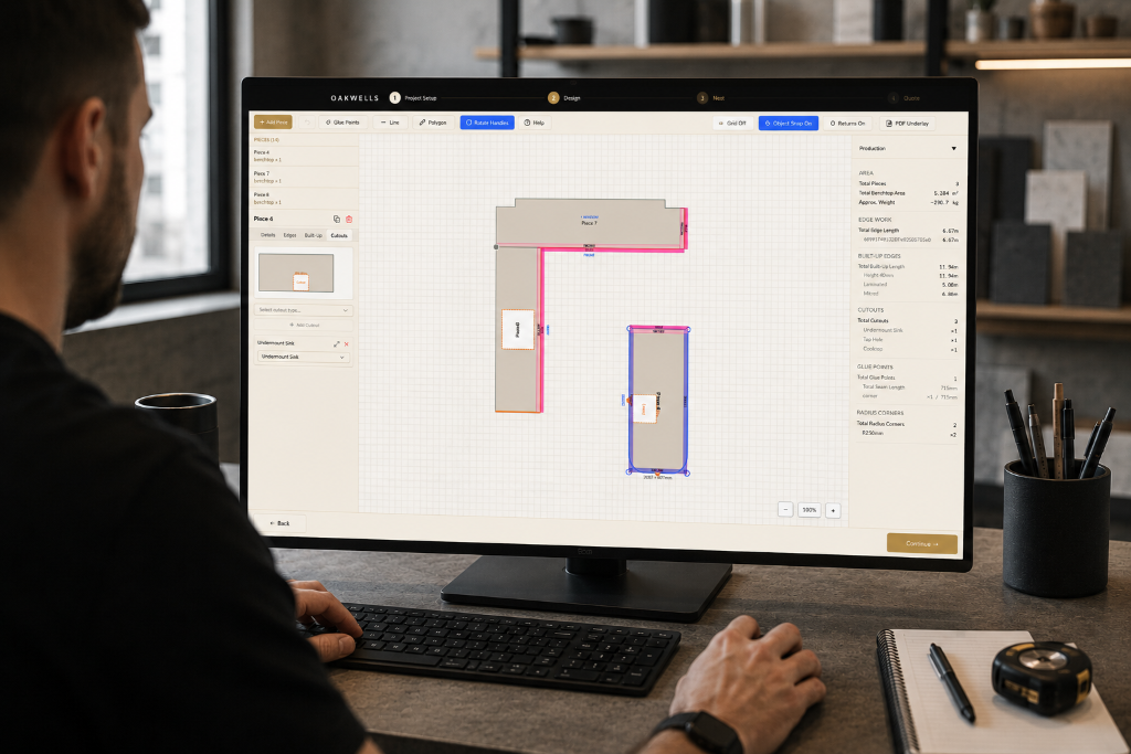Oakwells benchtop design workflow shown on a workshop monitor