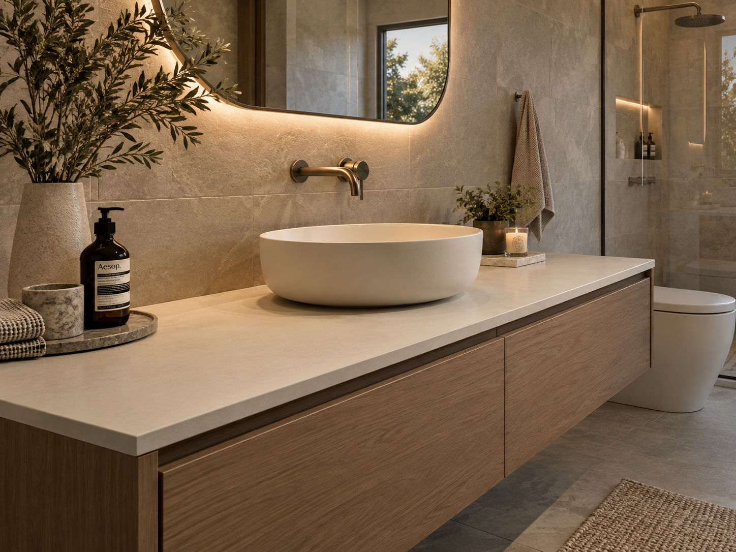 Custom vanity benchtop in a modern Queensland bathroom