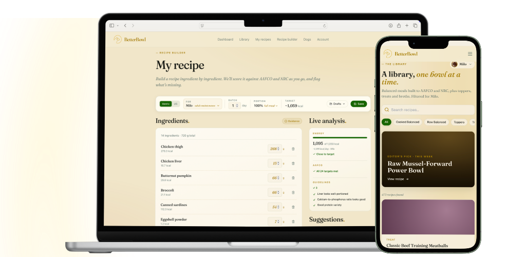 BetterBowl on laptop and phone — the recipe builder and library