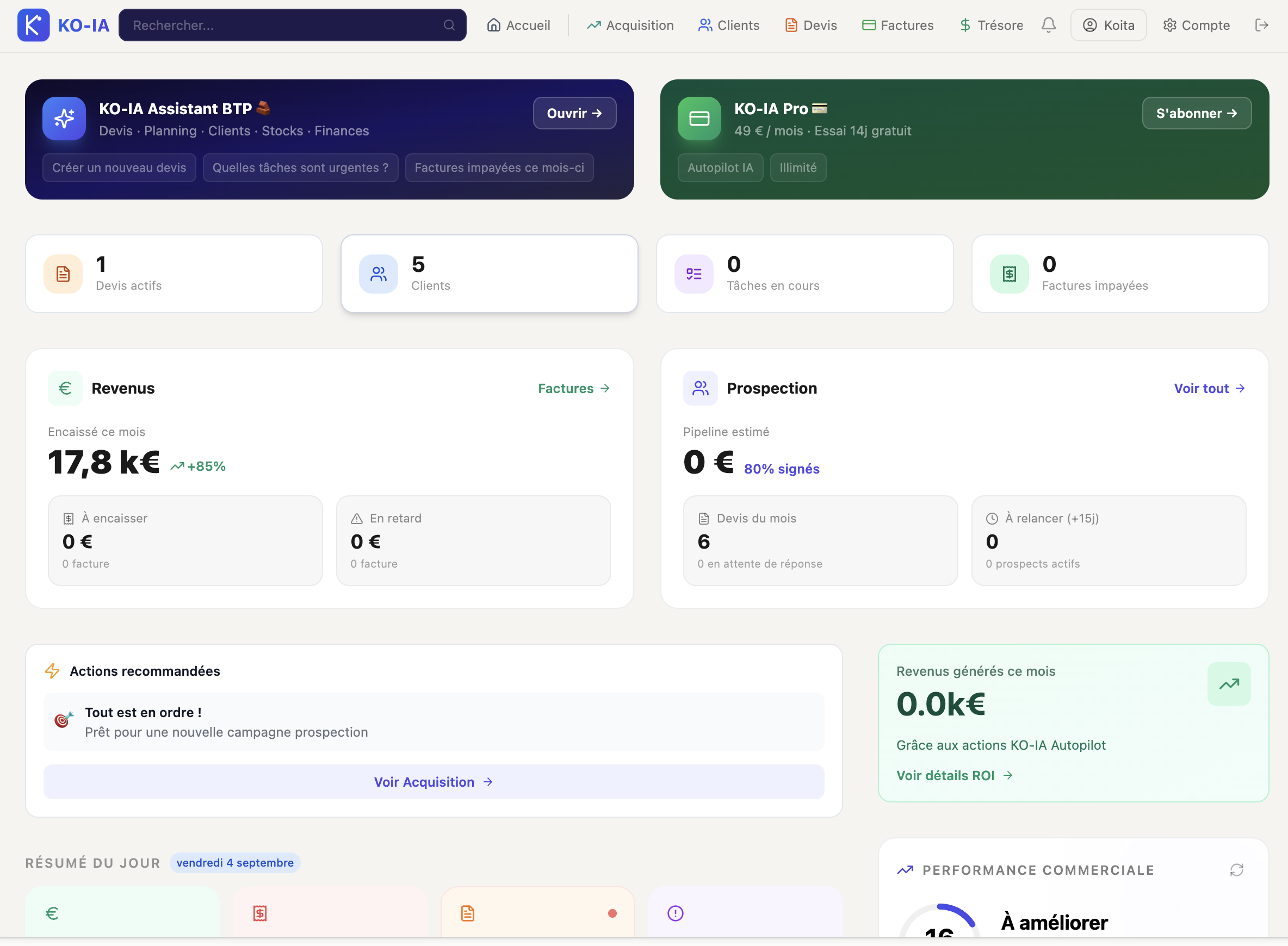 Tableau de bord KO-IA : encaissements du mois, devis, clients et factures impayées