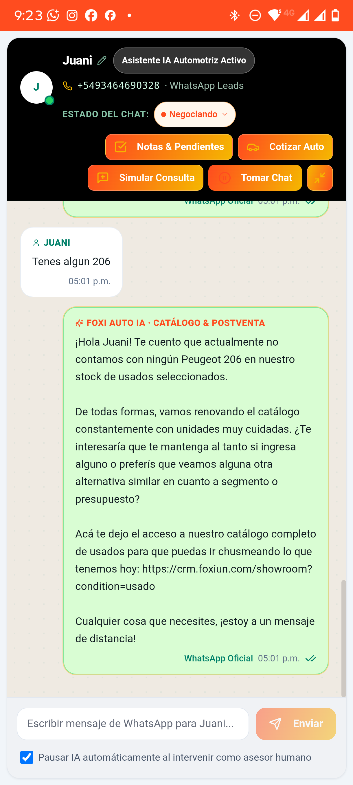 WhatsApp CRM · Asistente IA en Vivo