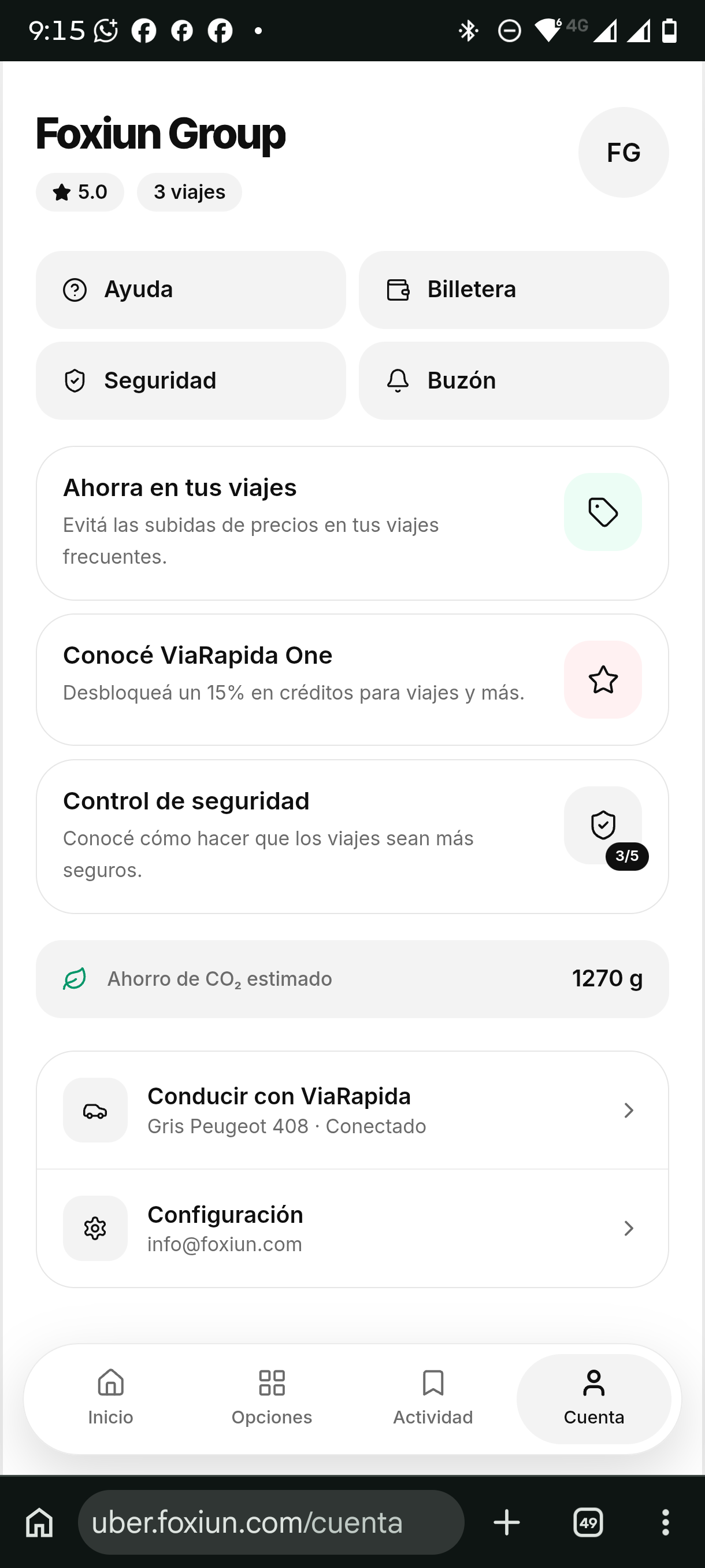 Cuenta · Perfil, Ahorros y Modo Conductor