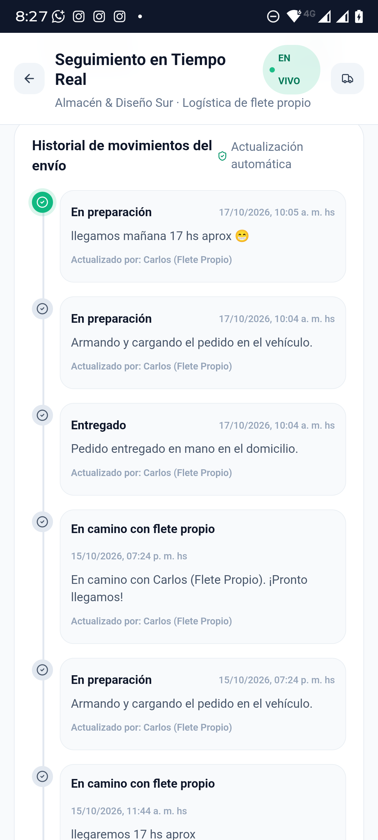 Historial de Movimientos del Envío