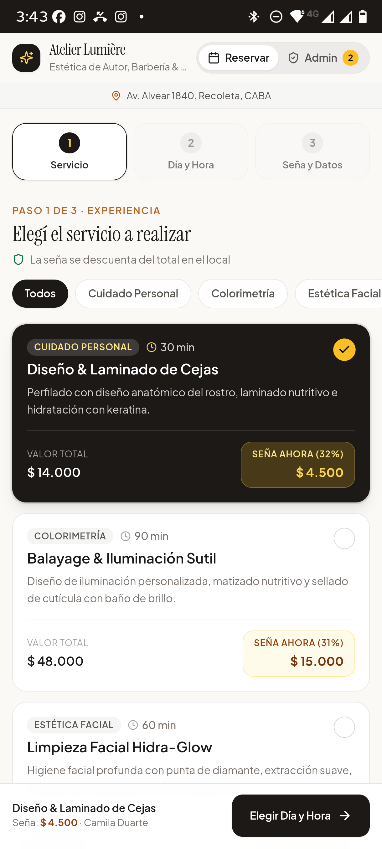 ReservaYa - Paso 1 · Selección de Servicio y Seña