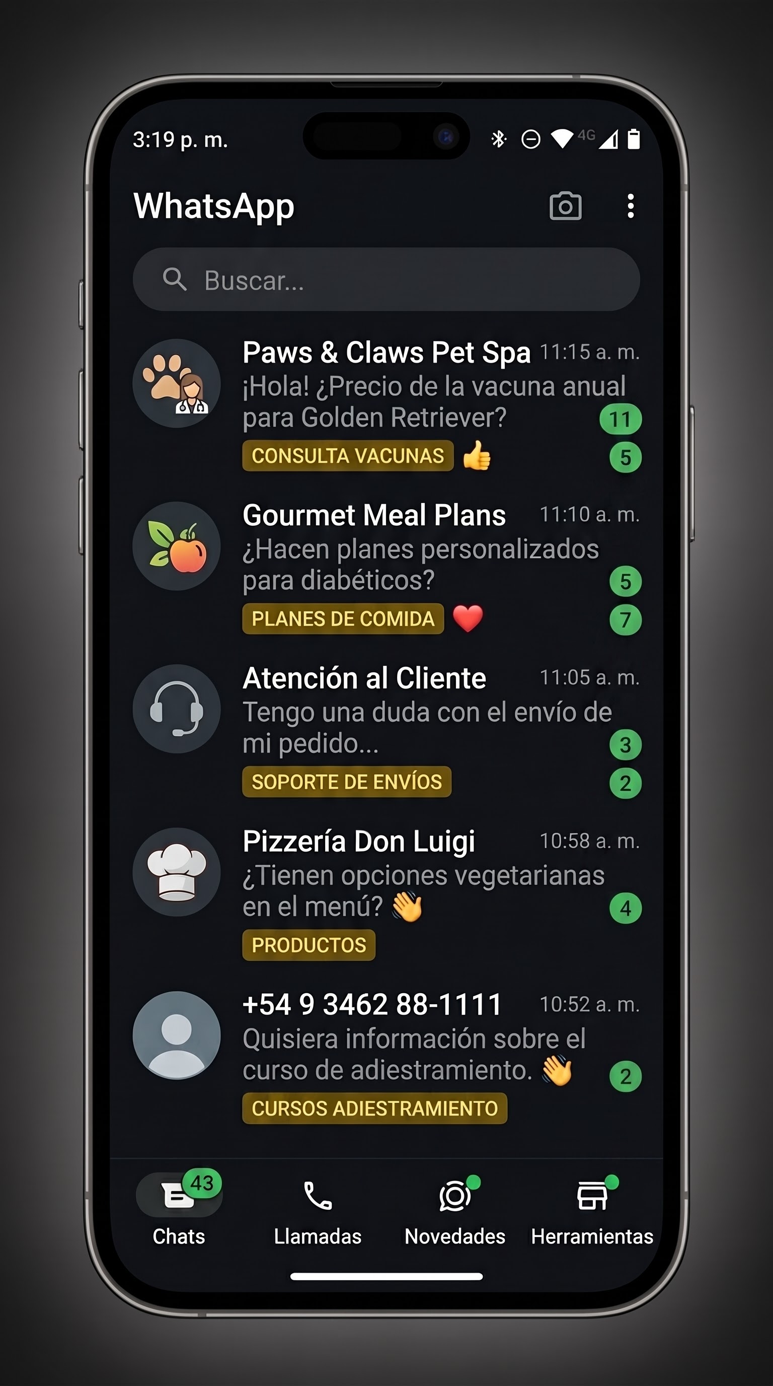 WhatsApp CRM con etiquetas doradas