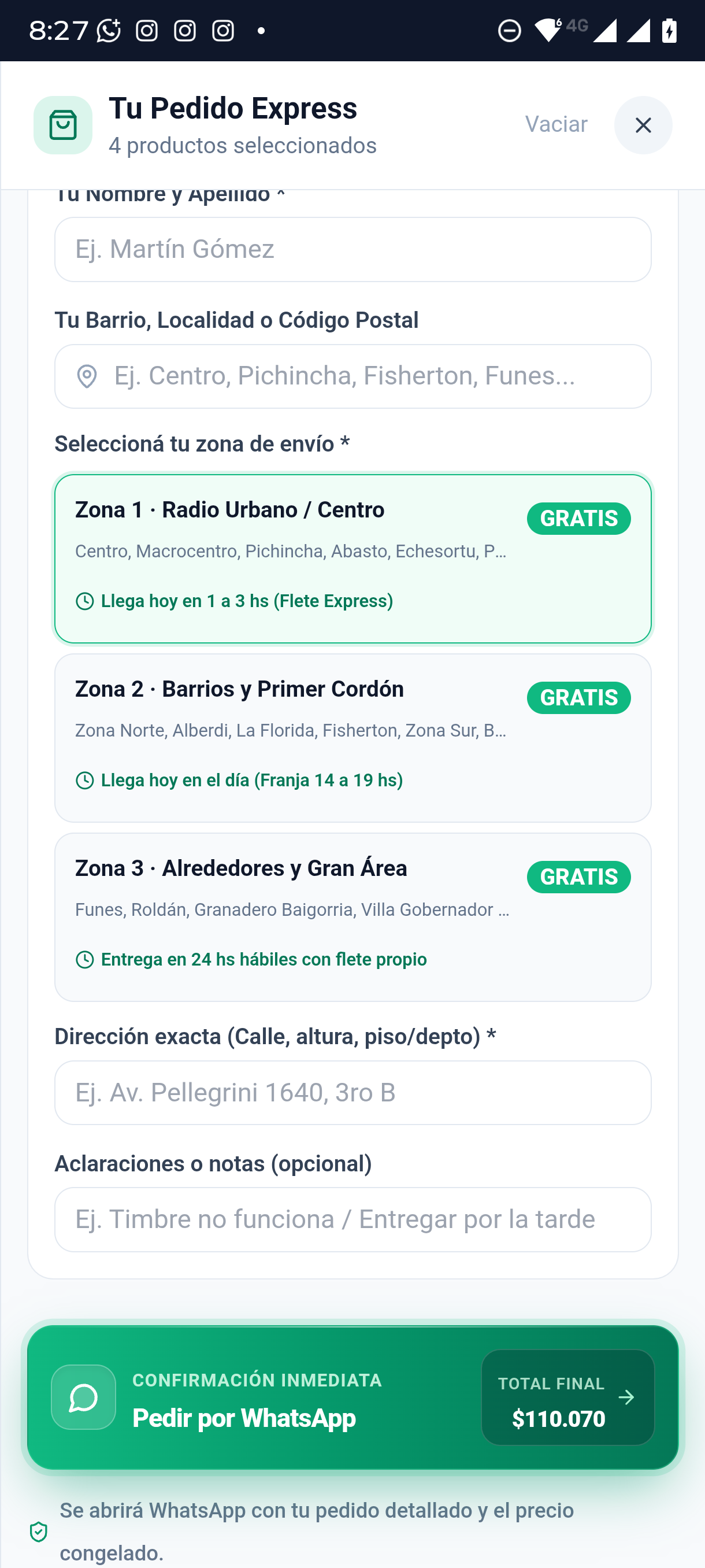 Tu Pedido Express · Zonas de Envío