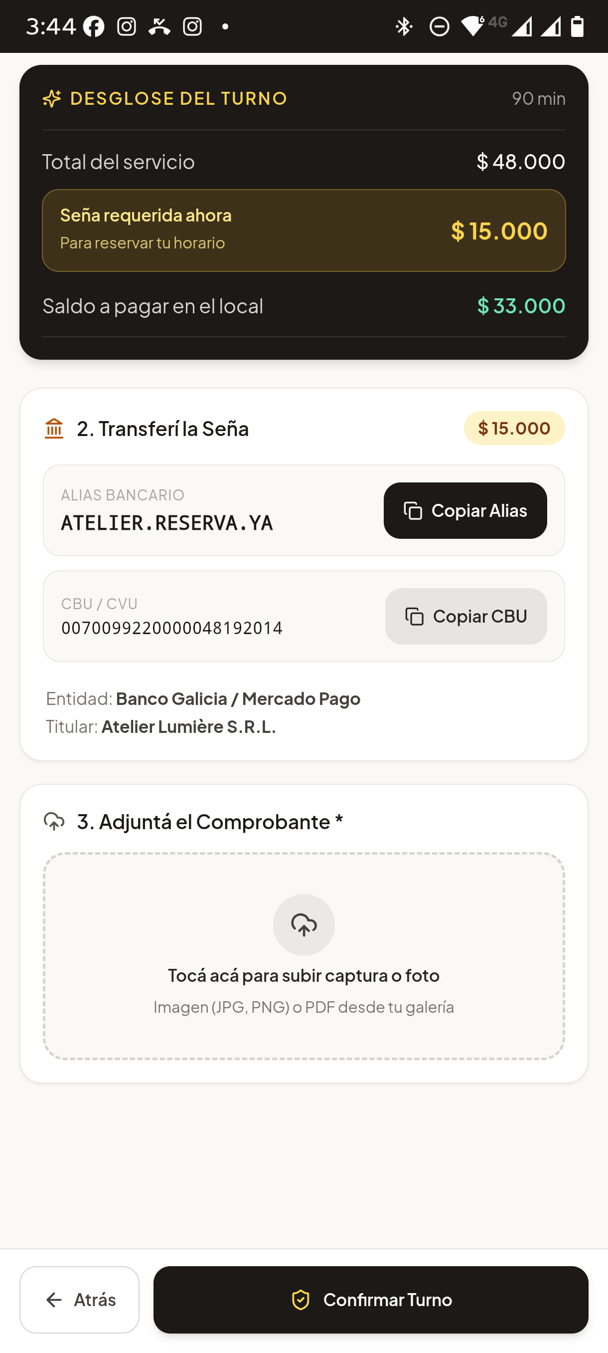 Transferencia Bancaria & Carga de Comprobante