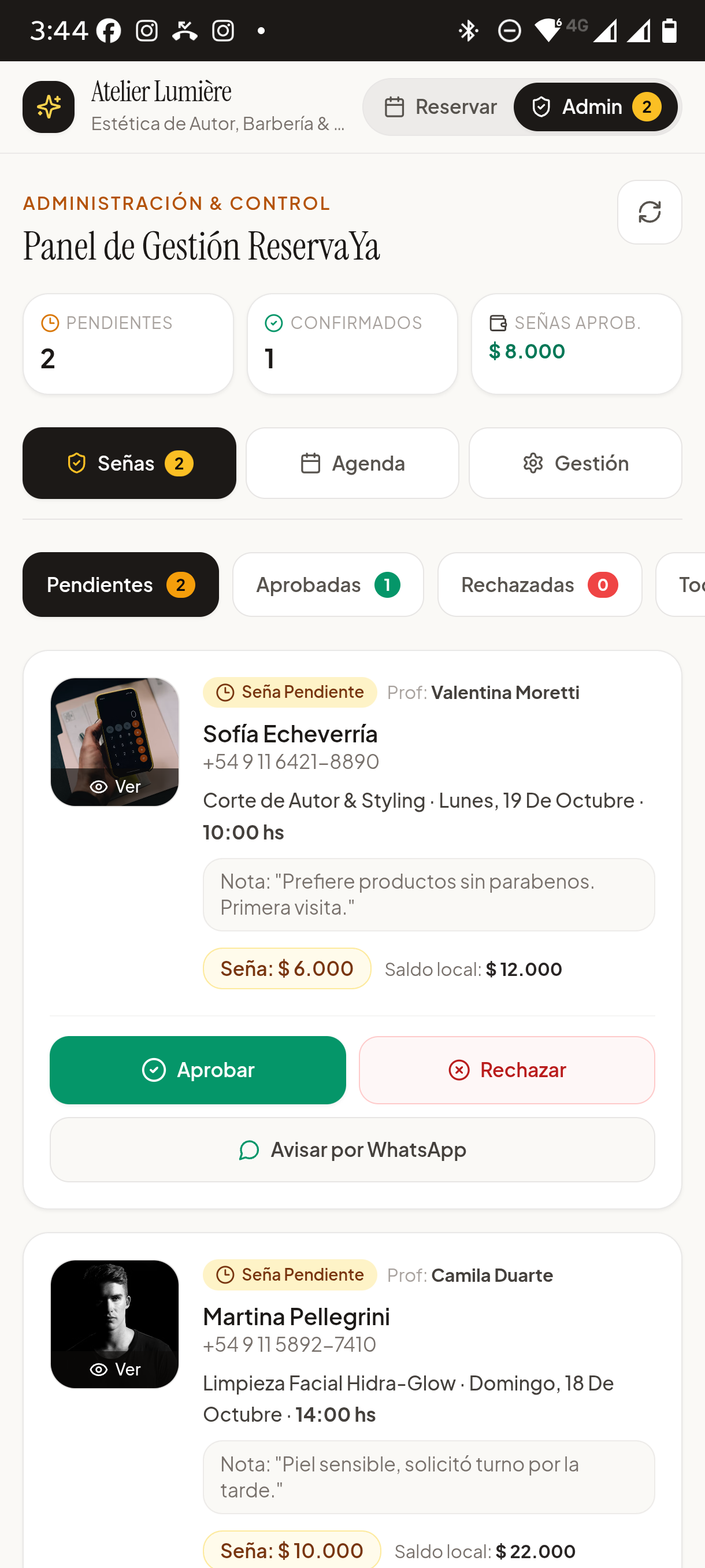 Panel de Gestión · Aprobación de Señas