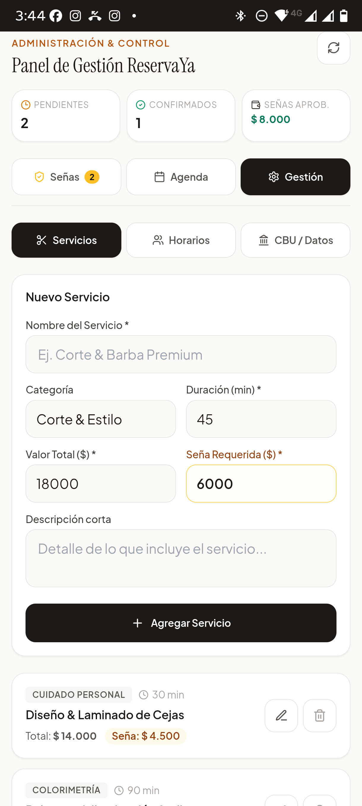 Configuración de Servicios, Horarios y CBU