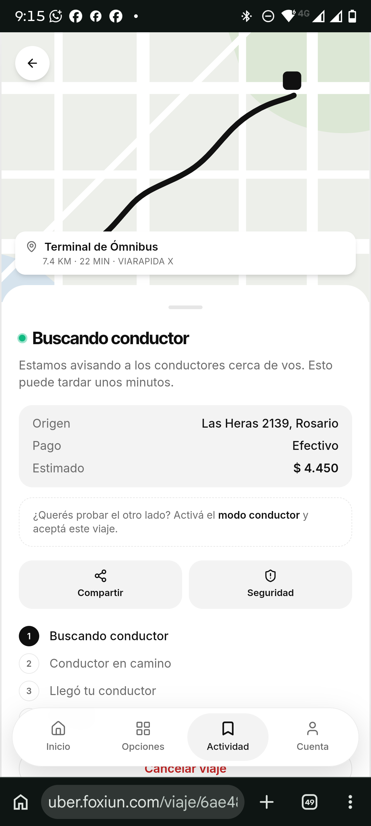 Buscando Conductor · Estado y Resumen del Viaje