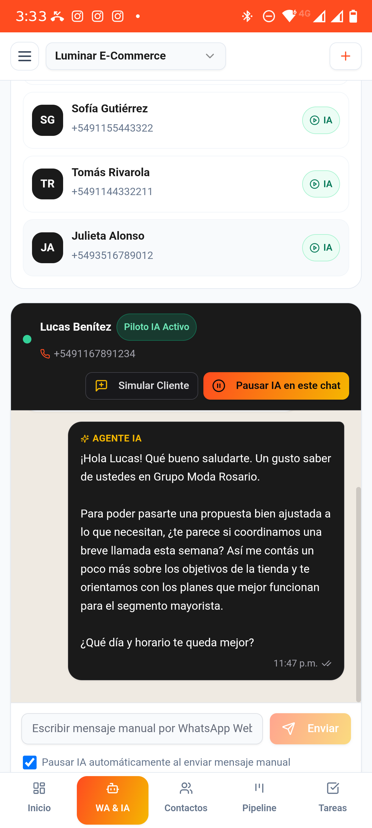 Bandeja de Chats · Agente IA en Vivo