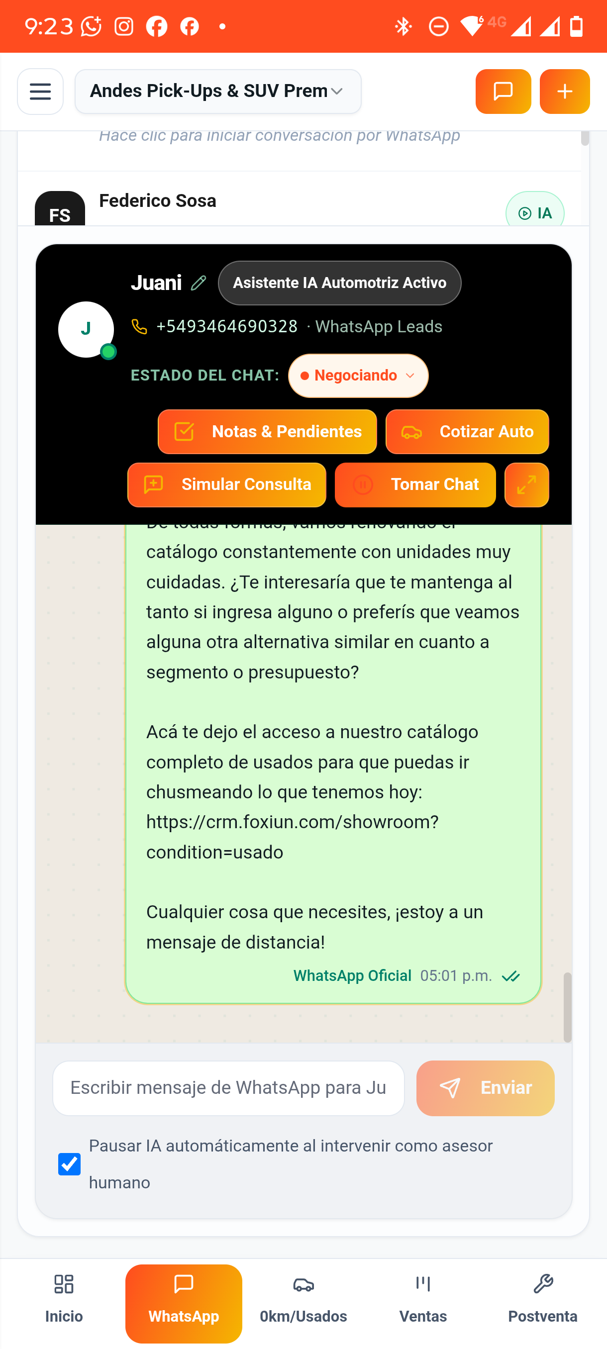Ficha del Chat · Estado & Acciones Rápidas
