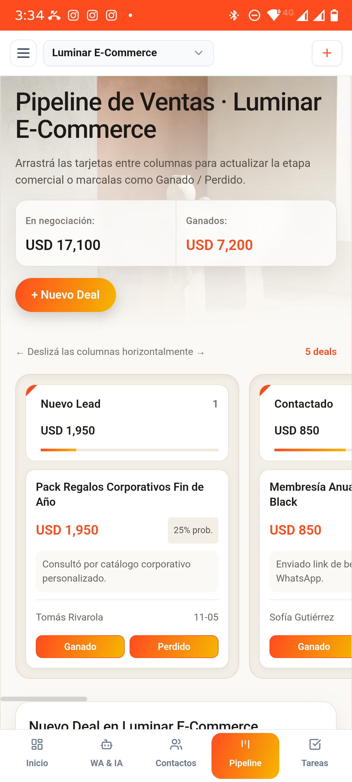 Pipeline de Ventas · Tablero Kanban en USD