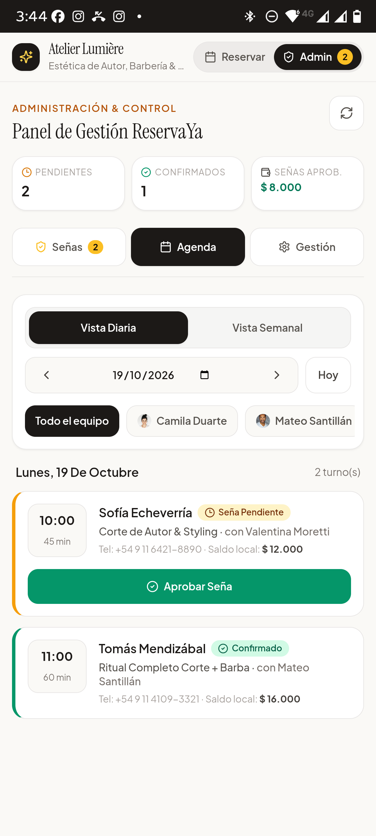 Agenda Diaria y Semanal por Profesional