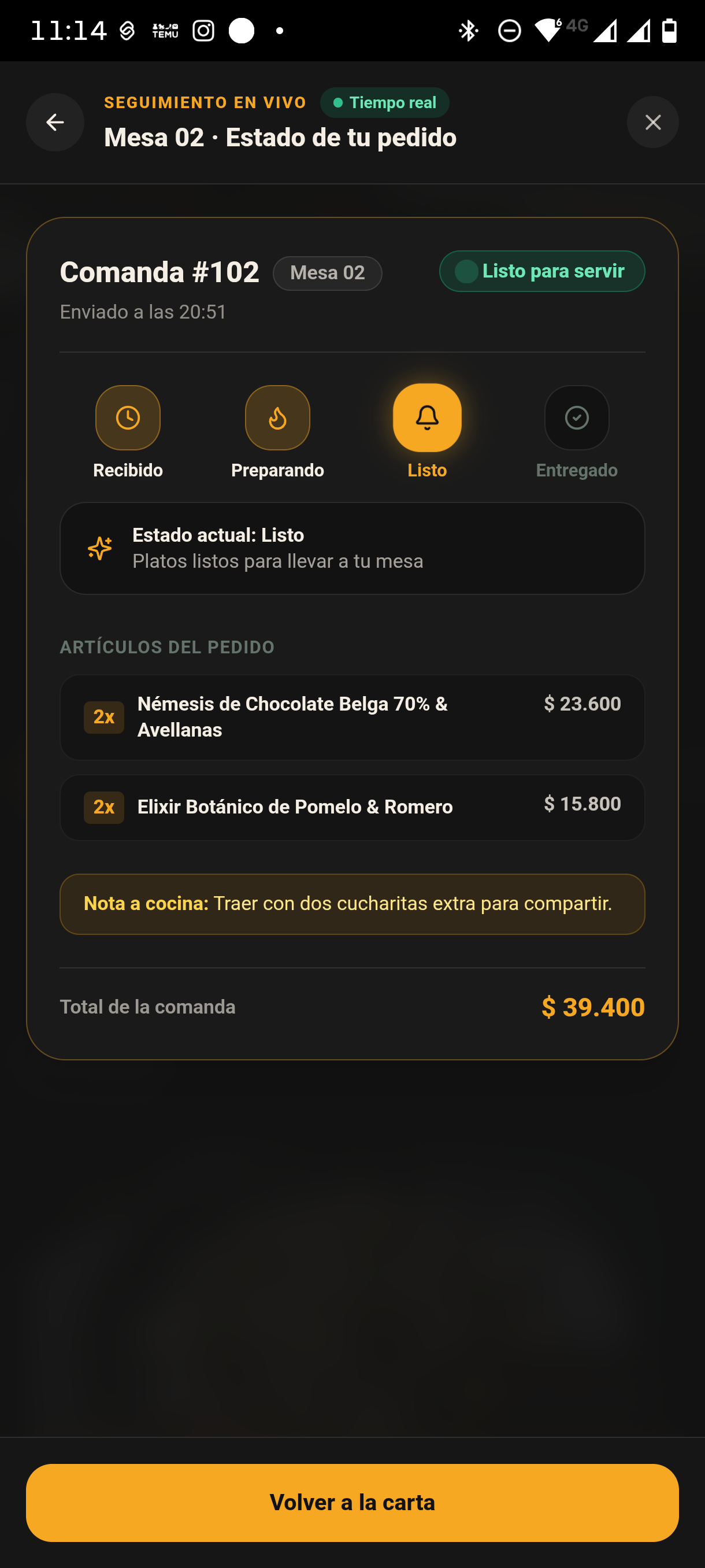 Seguimiento en Vivo del Pedido en Mesa