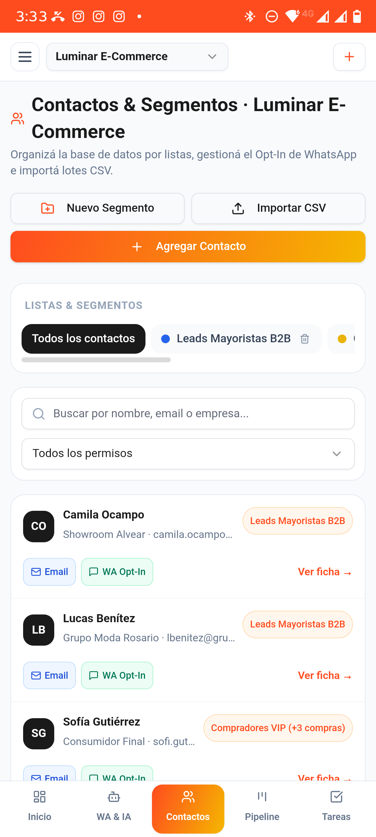 Contactos, Listas & Permisos Opt-In