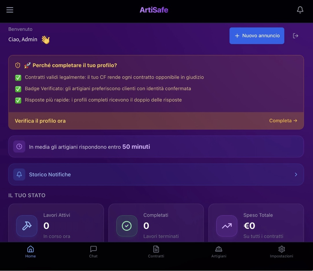 Anteprima dashboard cliente ArtiSafe