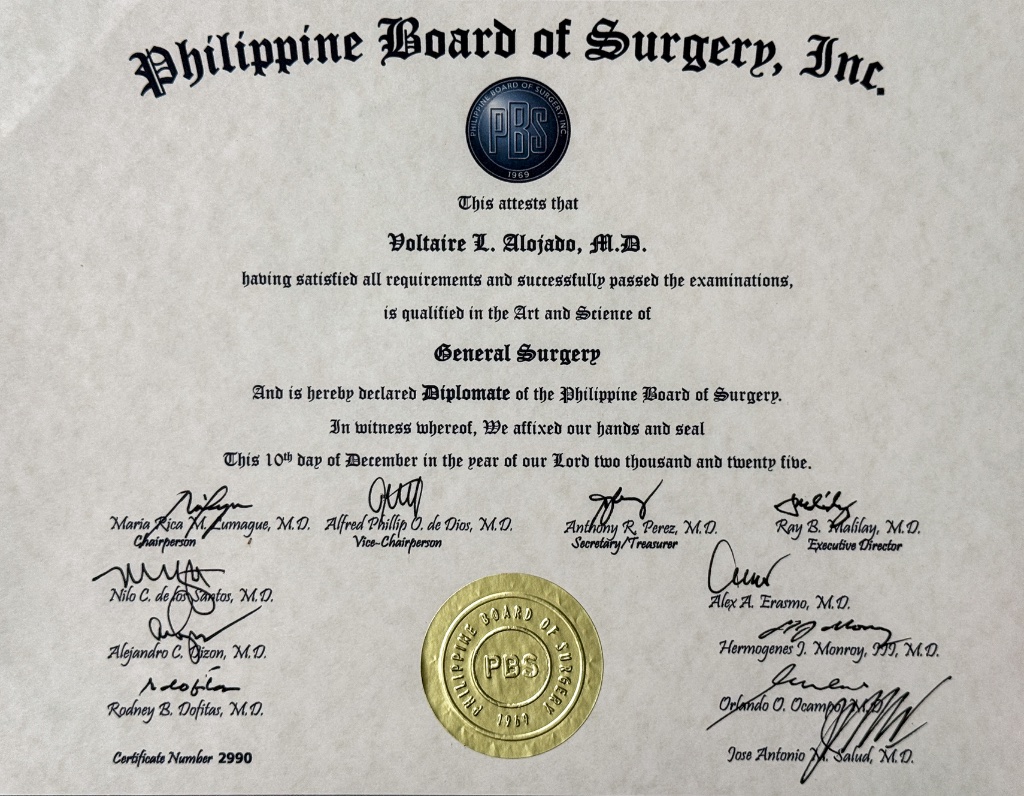Diplomate, General Surgery — Philippine Board of Surgery, Inc.