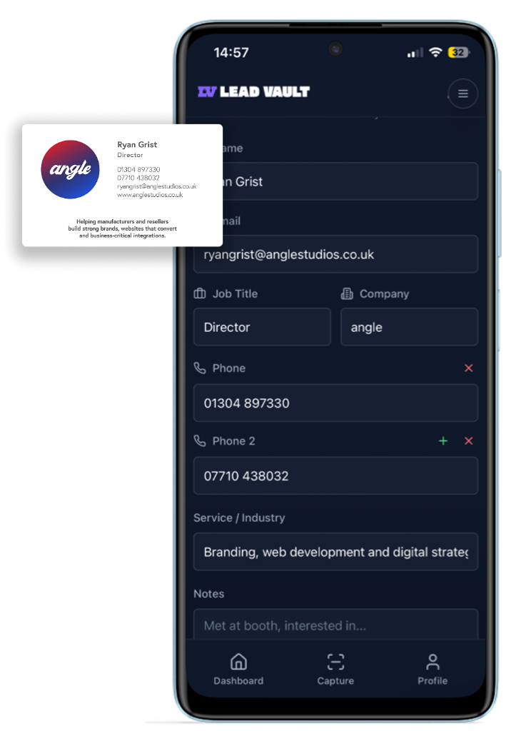 Lead Vault business card capture screen