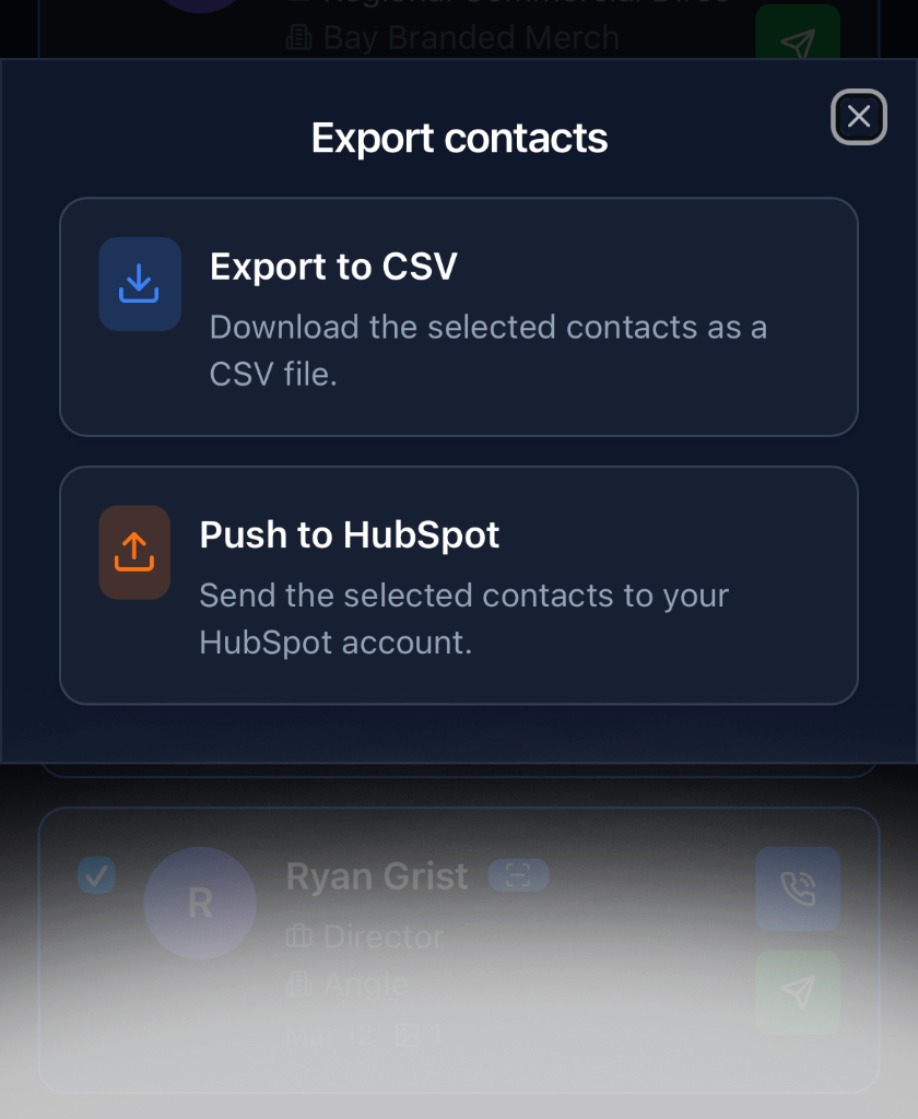 Export contacts screen