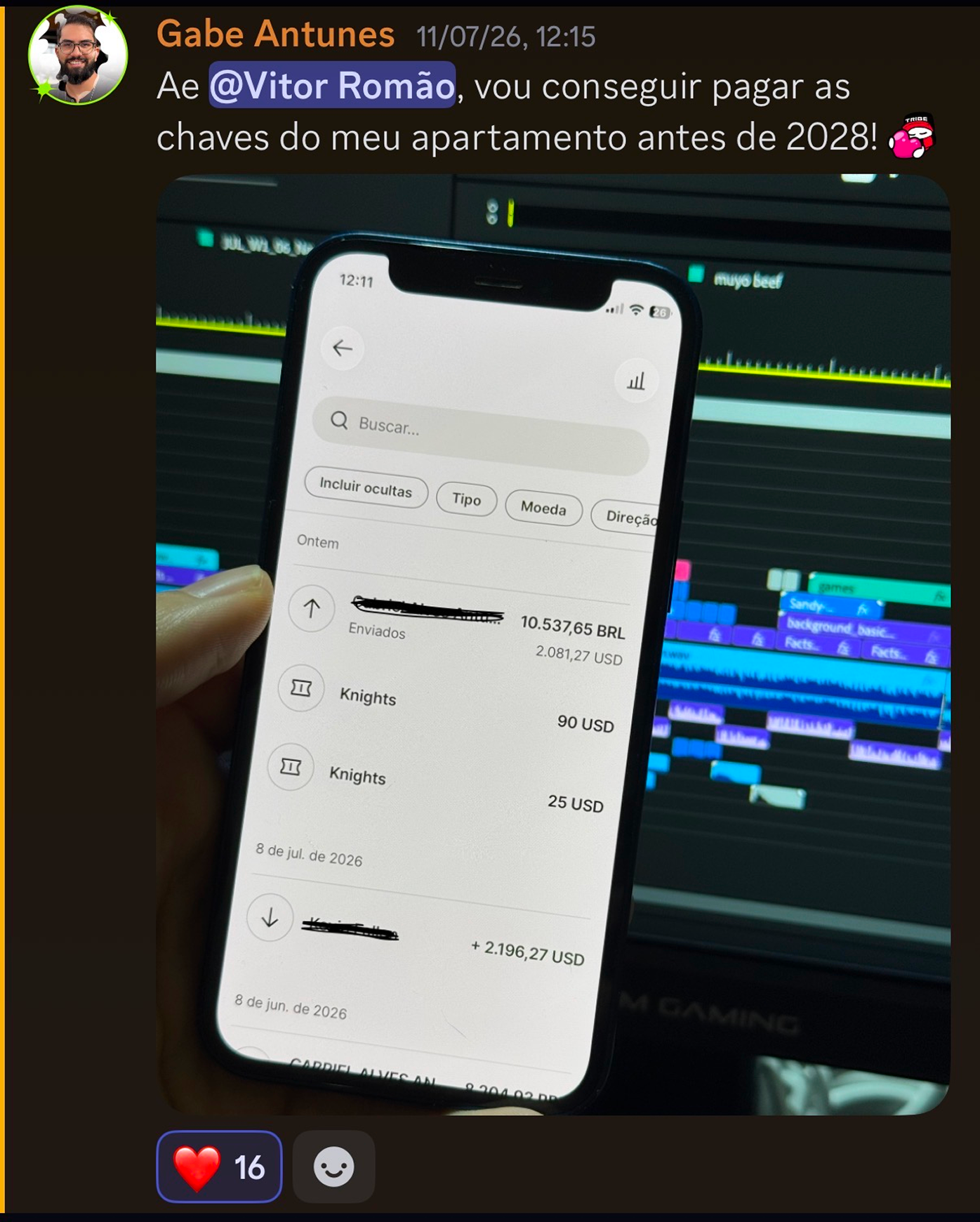 Print de recebimentos em dólar e real de aluno Gabe Antunes