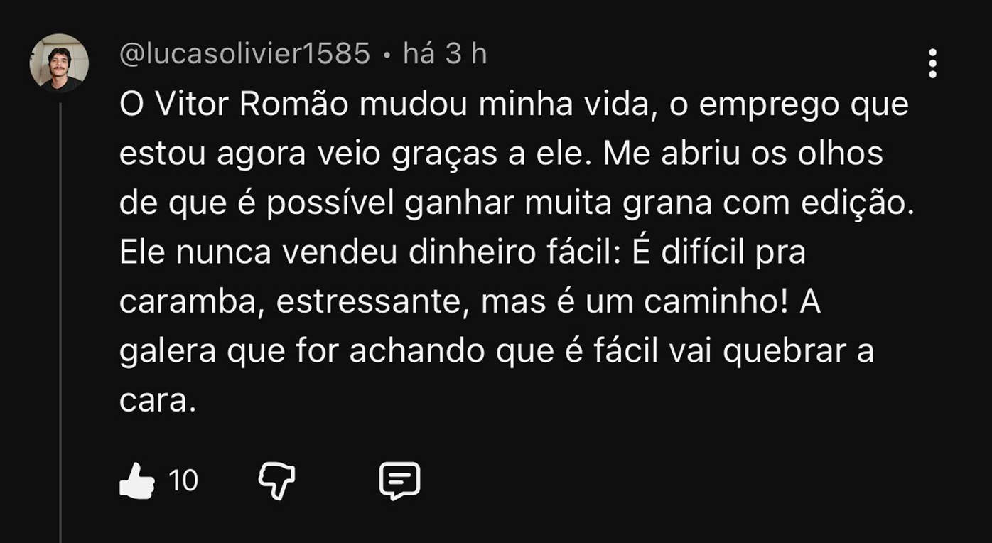 Comentário no YouTube de aluno cuja vida mudou com o curso