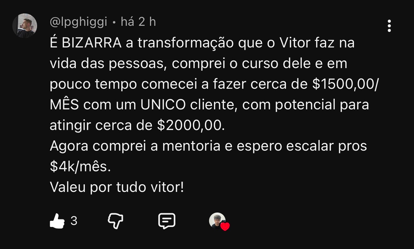 Comentário no YouTube de aluno fazendo $1500/mês com um cliente