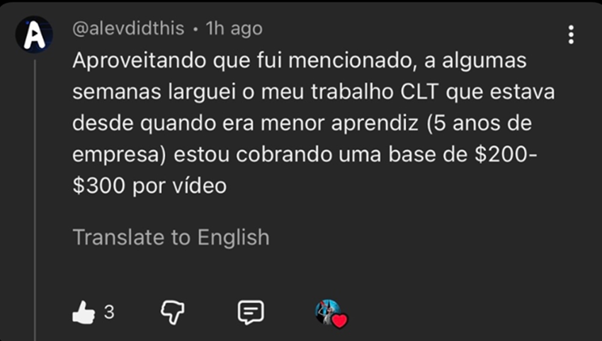 Depoimento de aluno que largou o CLT e cobra $200-$300 por vídeo