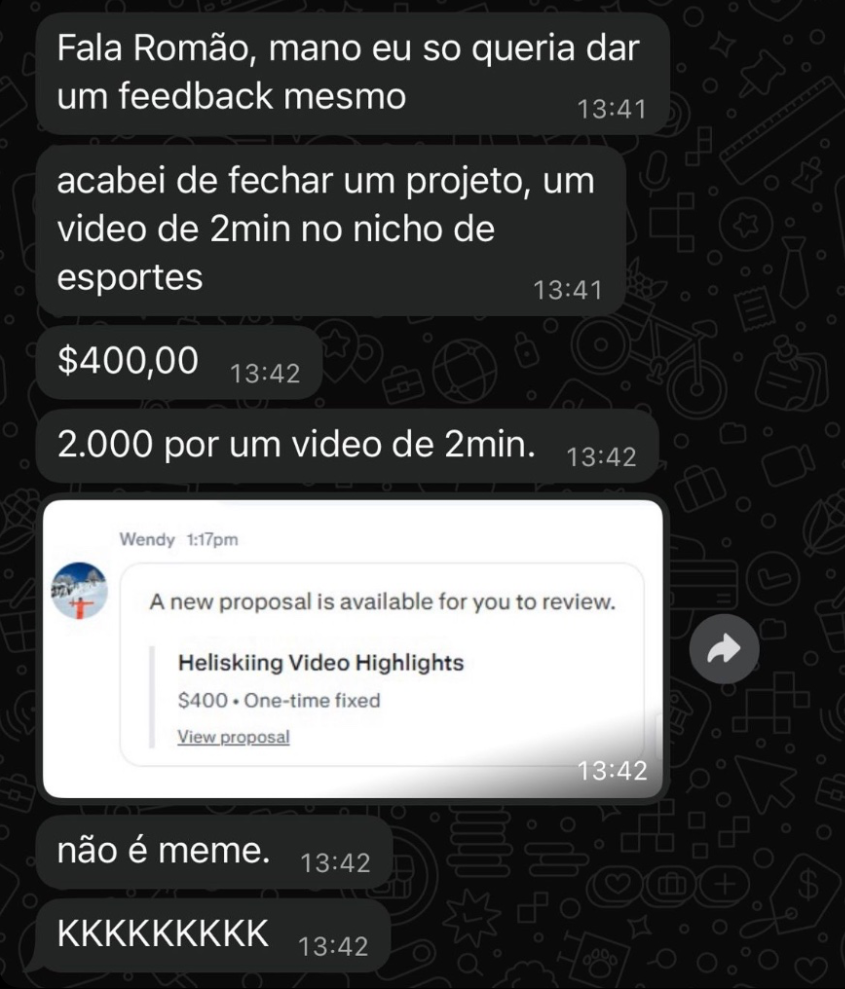 Depoimento de aluno que fechou projeto de $400 por vídeo de 2 minutos