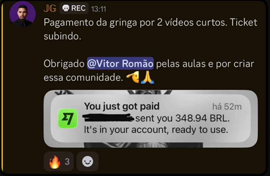Depoimento de aluno JG recebendo pagamento da gringa por vídeos curtos