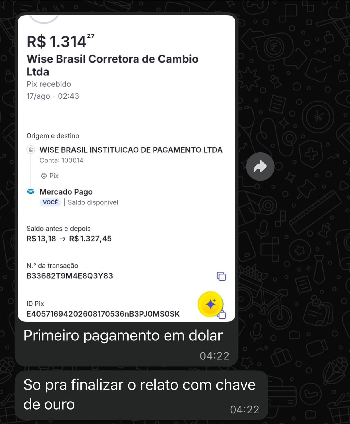 Print de primeiro pagamento em dólar recebido via Pix pela Wise