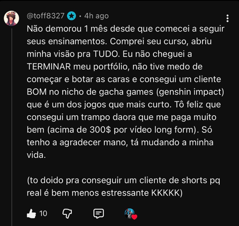 Comentário no YouTube de aluno que fechou cliente no nicho de games