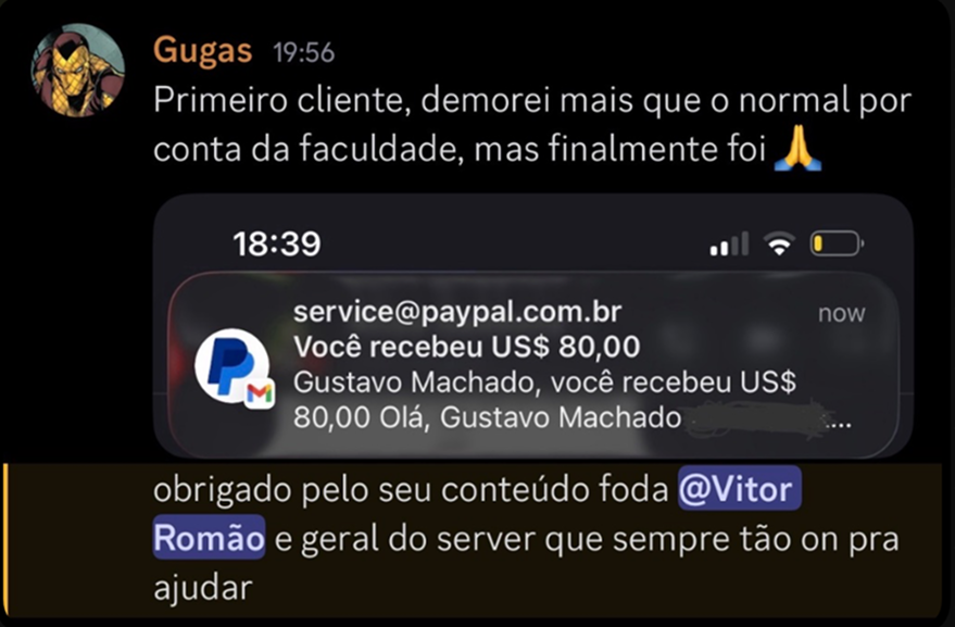Depoimento de aluno Gugas com primeiro cliente recebido via PayPal