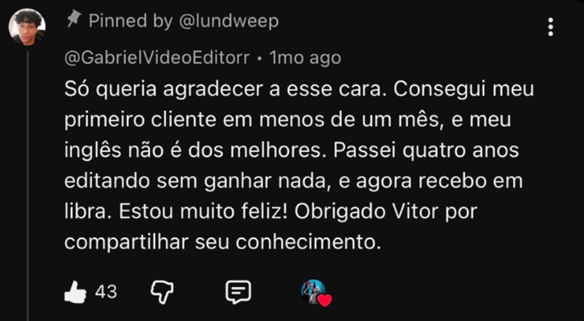 Comentário no YouTube de aluno que conseguiu primeiro cliente em menos de um mês