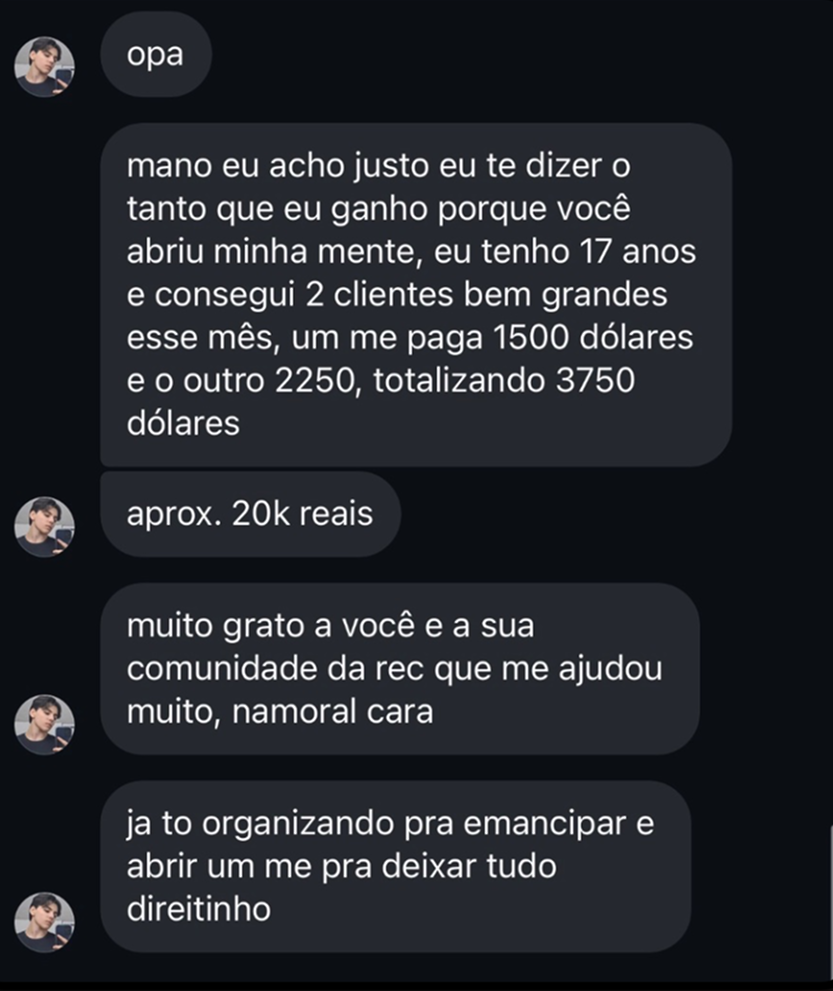 Aluno de 17 anos conseguindo 3.750 dólares com dois clientes