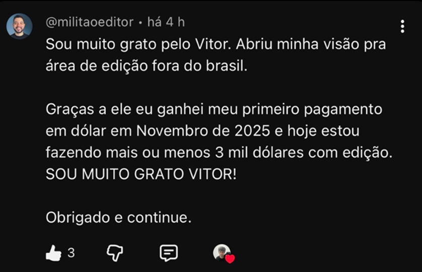 Comentário no YouTube de aluno fazendo 3 mil dólares com edição