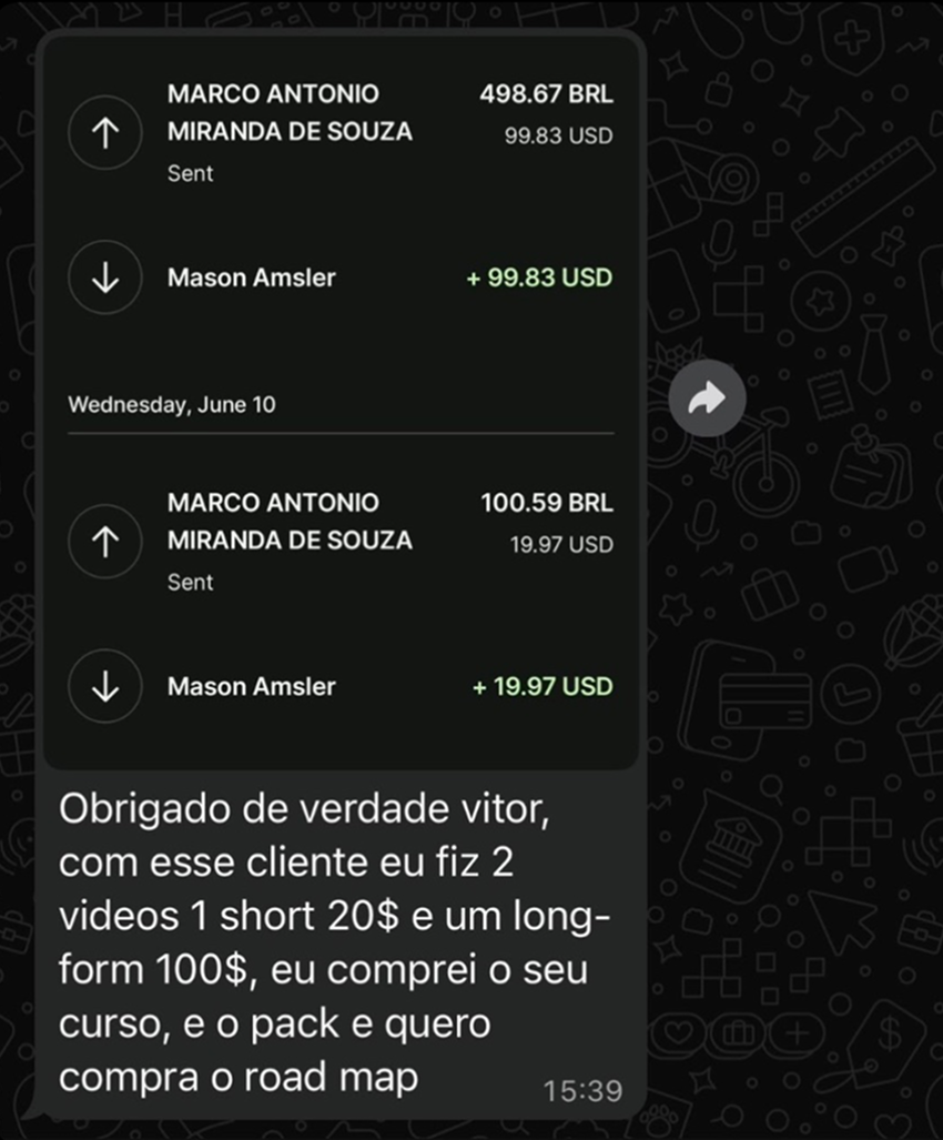 Depoimento de aluno com recebimentos em dólar de cliente gringo