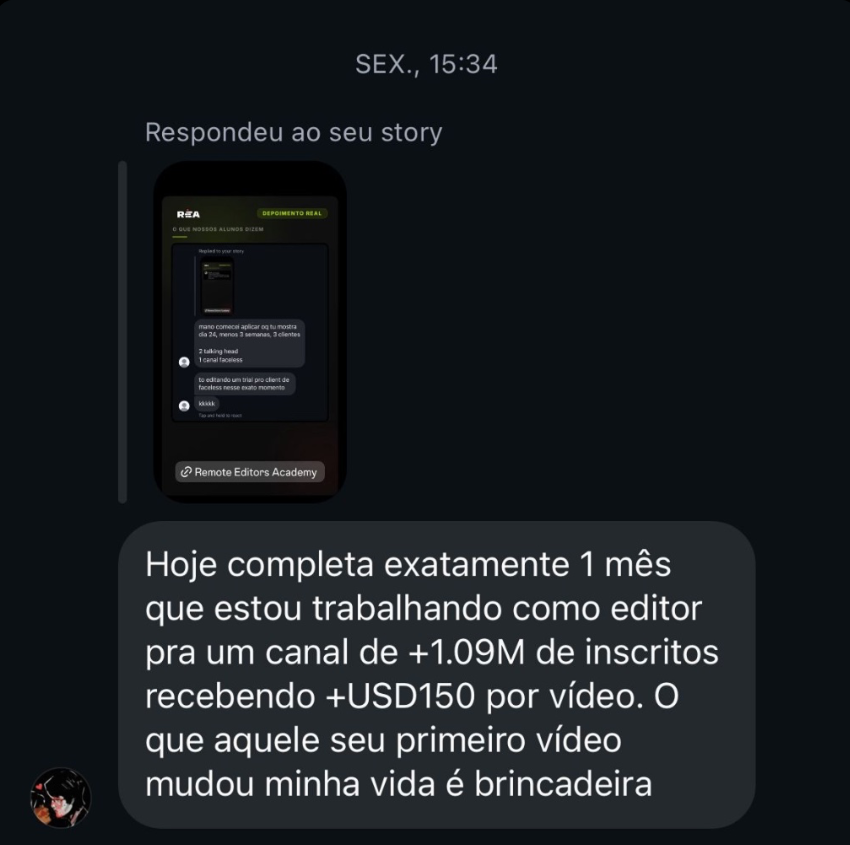Depoimento de aluno editor de canal de +1M de inscritos recebendo USD150 por vídeo