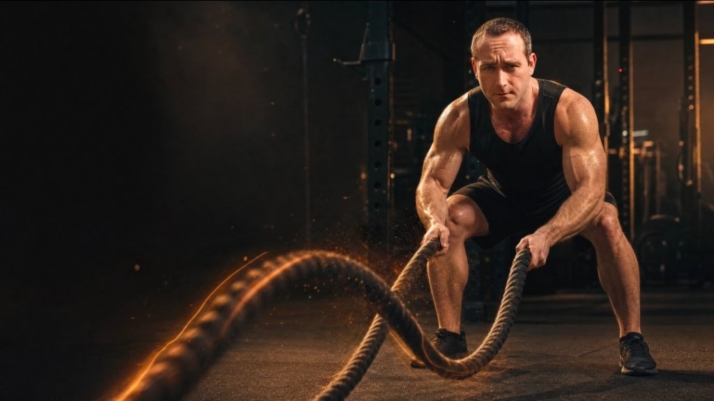 Athlete training with battle ropes