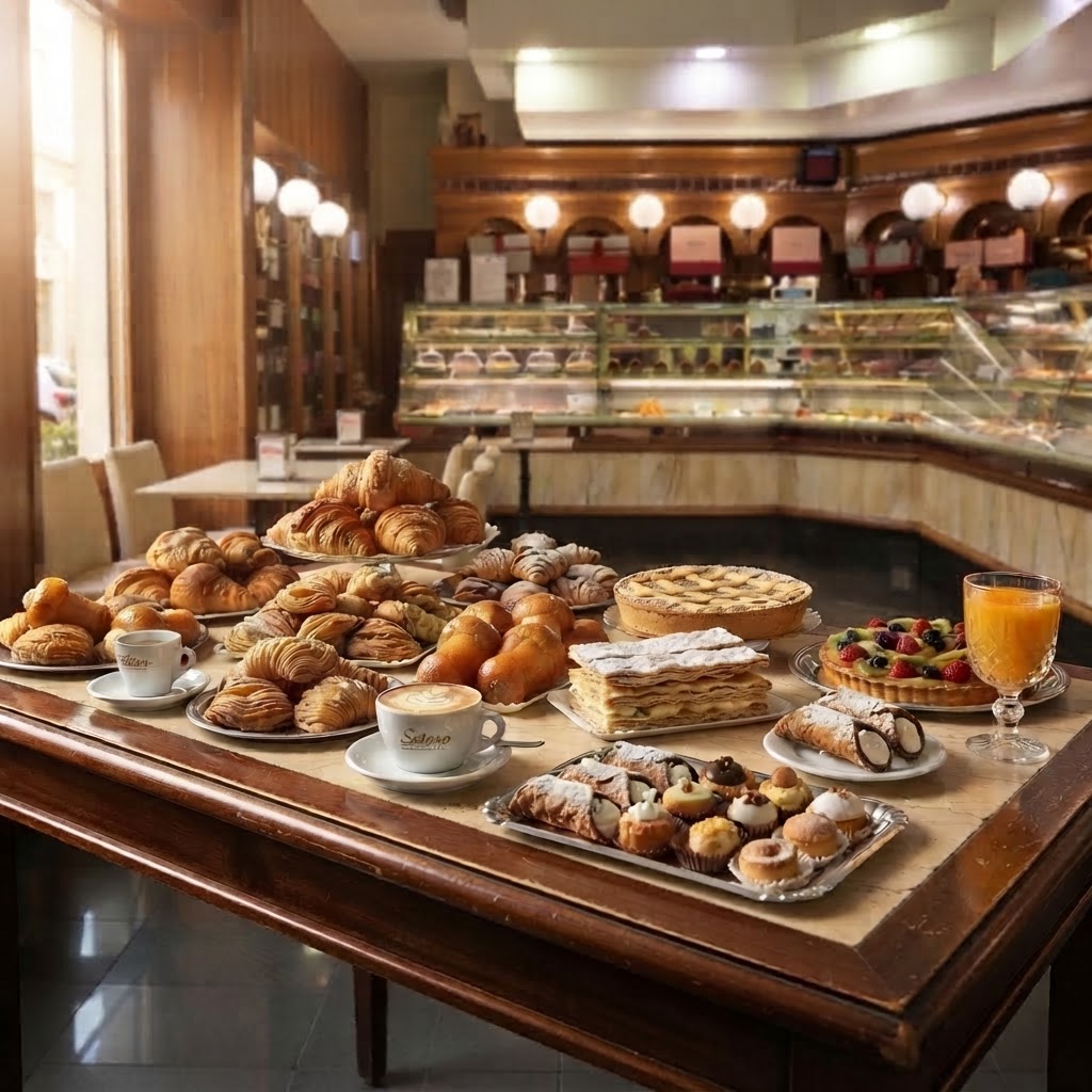 Tavolo della domenica con dolci e colazione abbondante