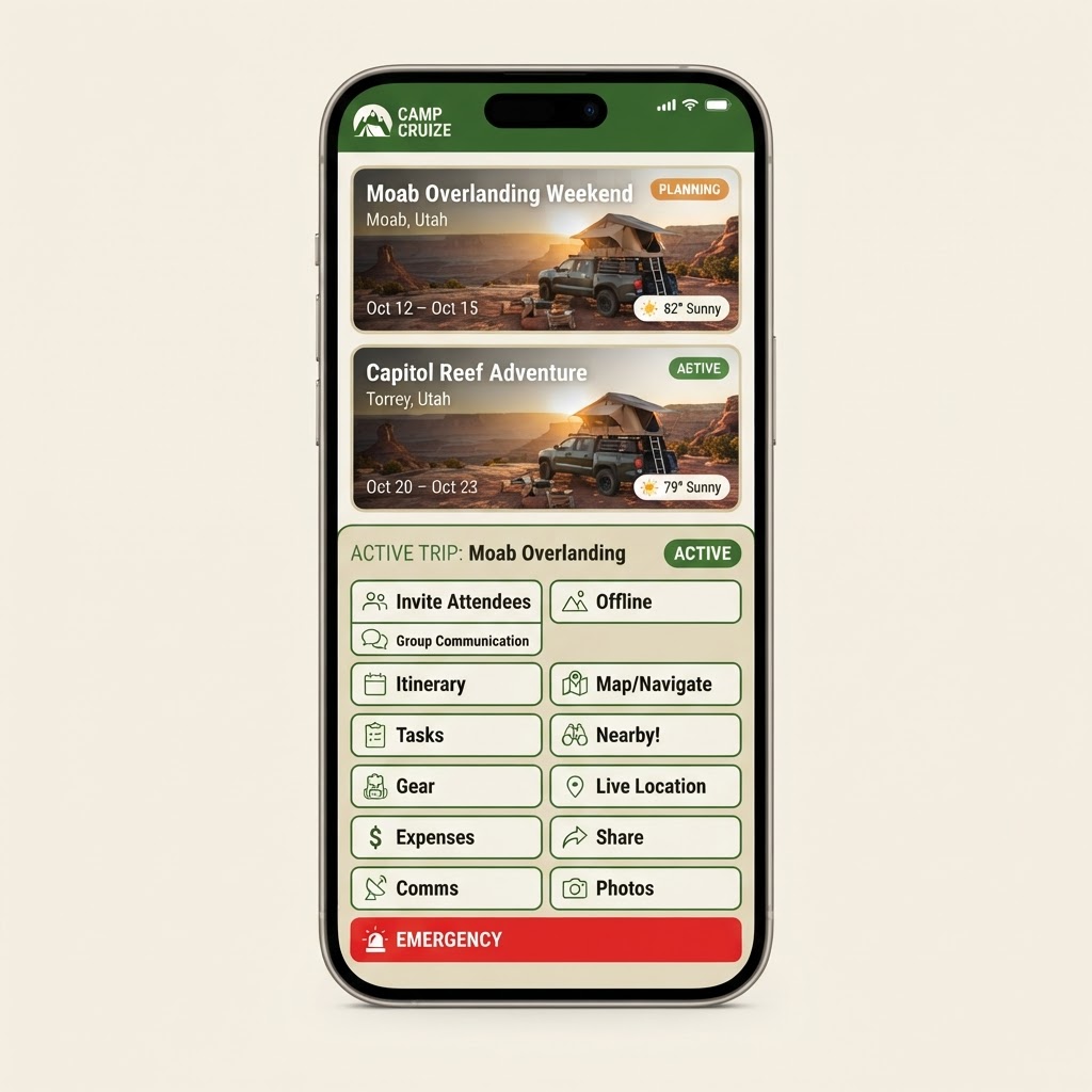 Dashboard and trip details screen: trip cards for Moab Overlanding Weekend with planning and active status badges, a trip details header, and a grid of earth-tone action tiles ending with a full-width safety-critical red emergency button