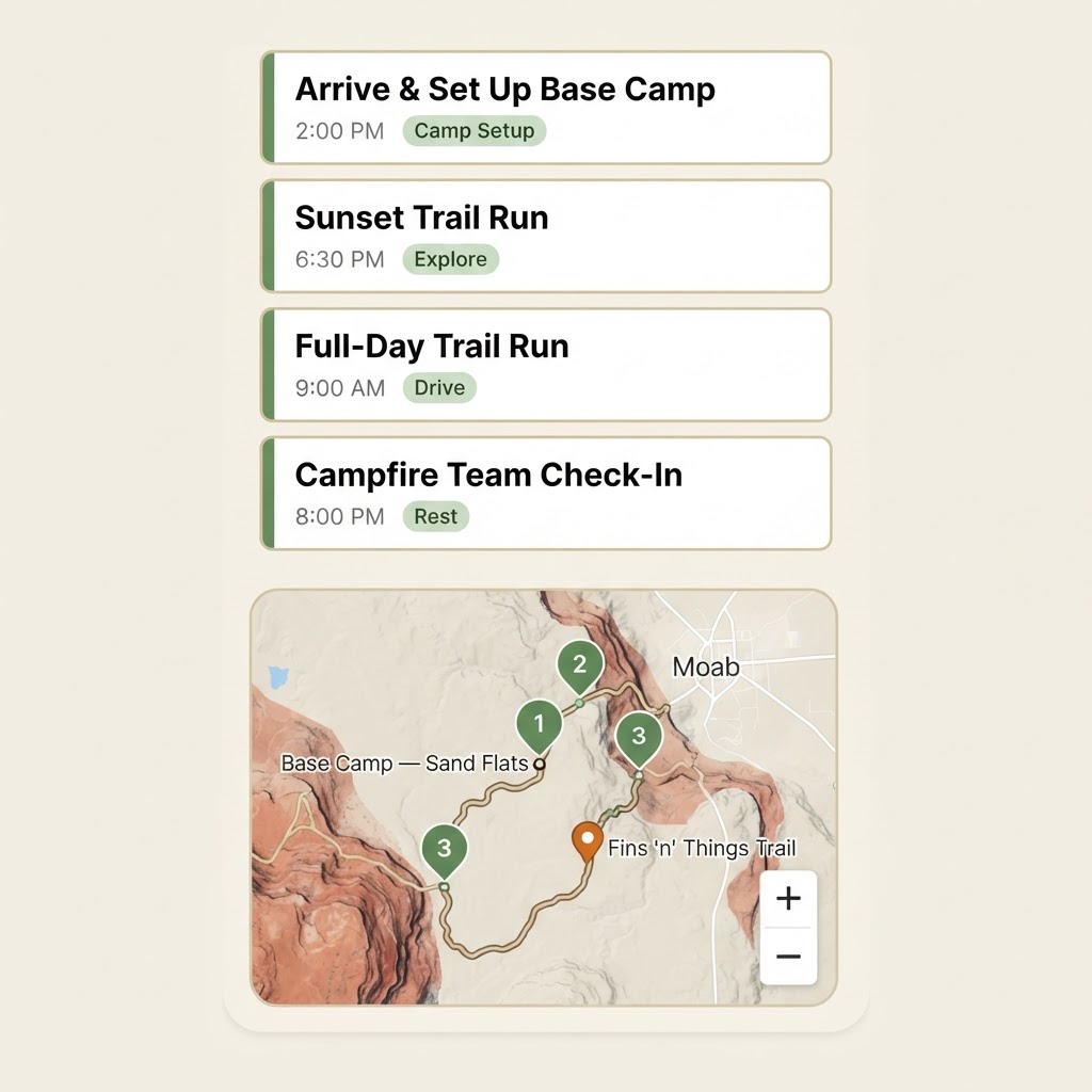 Itinerary and maps screen: vertical timeline of trip activities per day in earth-tone cards, above an offline desert trail map with numbered green waypoint pins