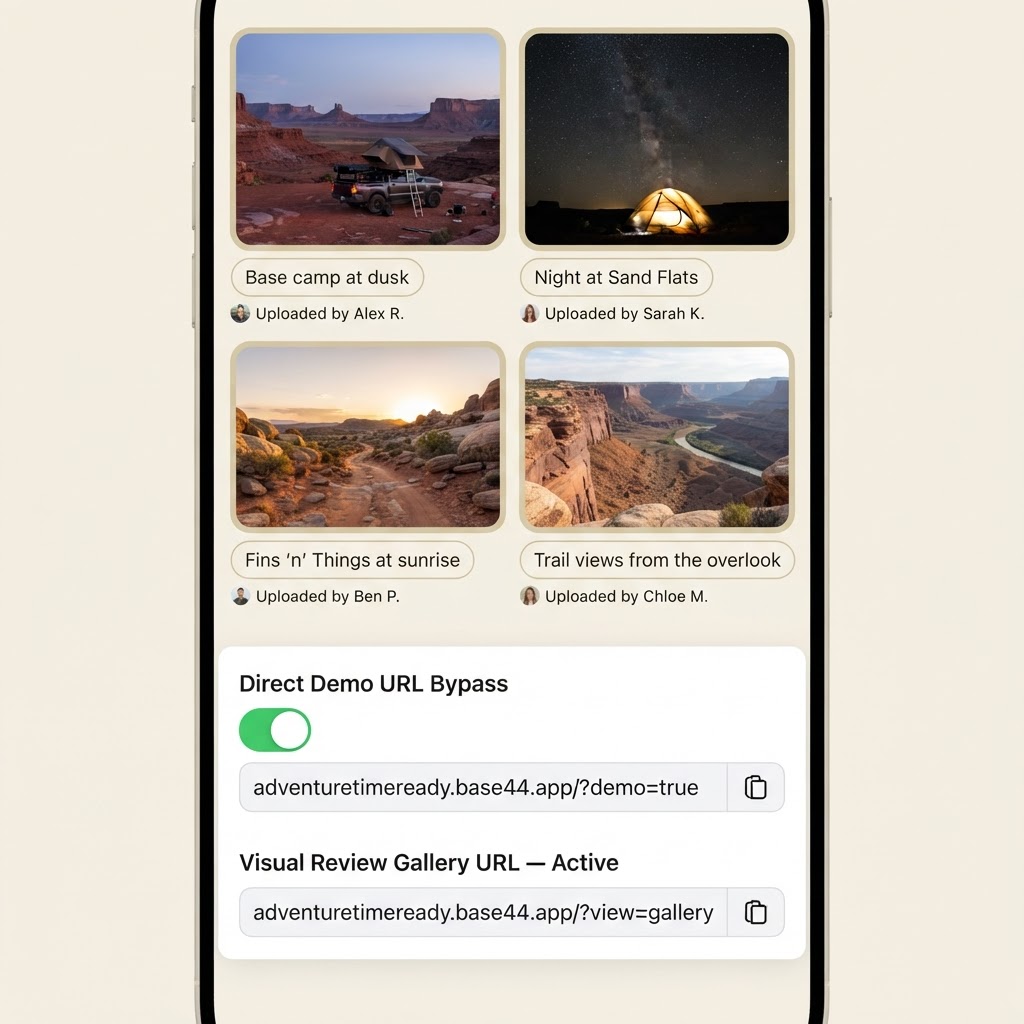 Photos and settings screen: two-column gallery of four camping trip photos with captions, above the earth-tone direct demo URL bypass settings card with a green toggle and gallery URL