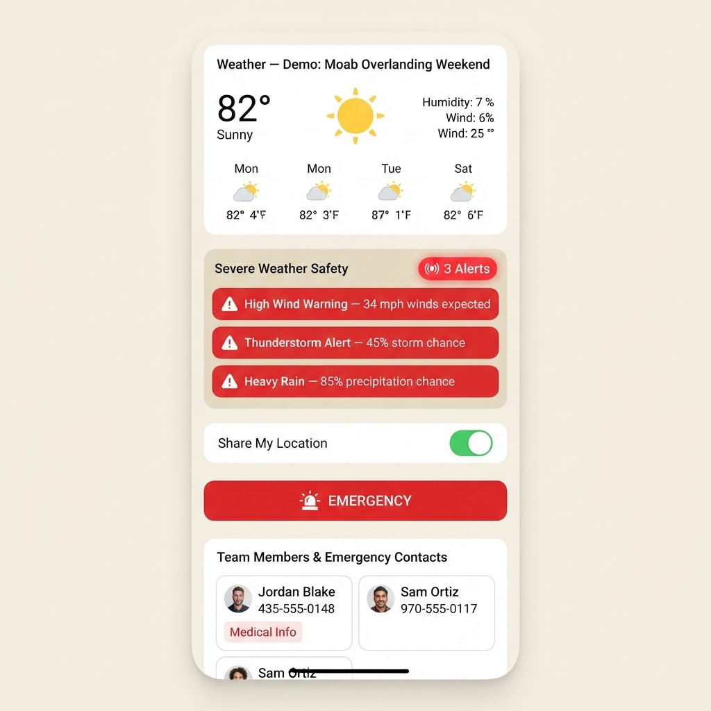 Weather, tracking and emergency safety screen: weather forecast card, safety-critical red severe weather alert banners with a 3 alerts badge, share my location toggle, high-visibility red emergency button, and emergency contacts panel