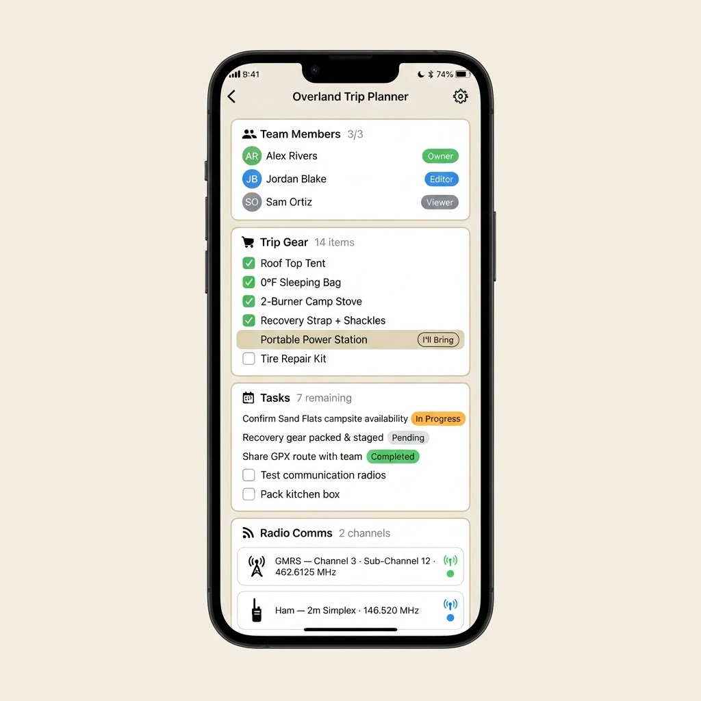 Team, gear, tasks and chat communications screen: team member list with avatars and role pills, gear checklist with green checkmarks, task list with status chips, and radio comms cards