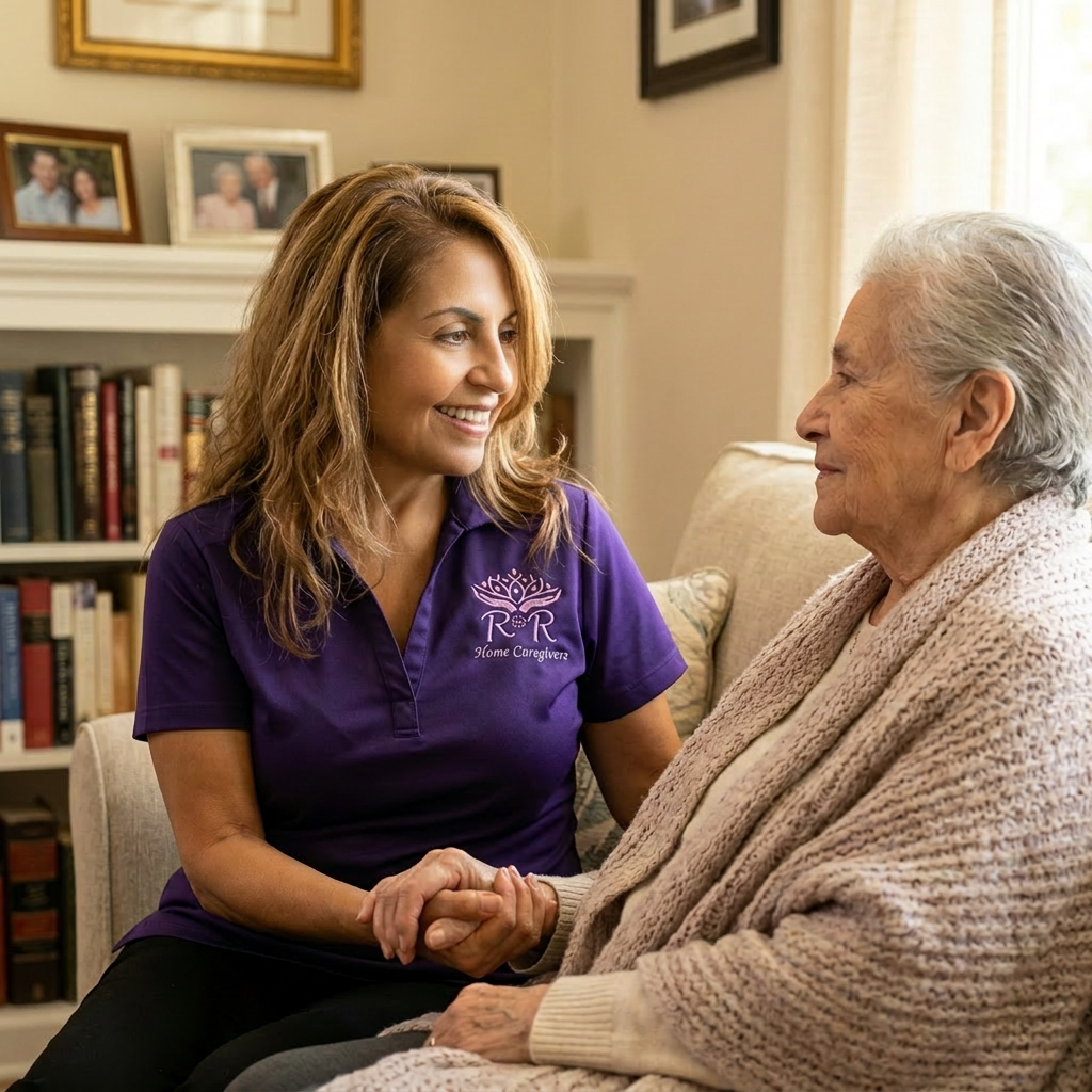 Caregiver providing compassionate care to elderly woman on couch